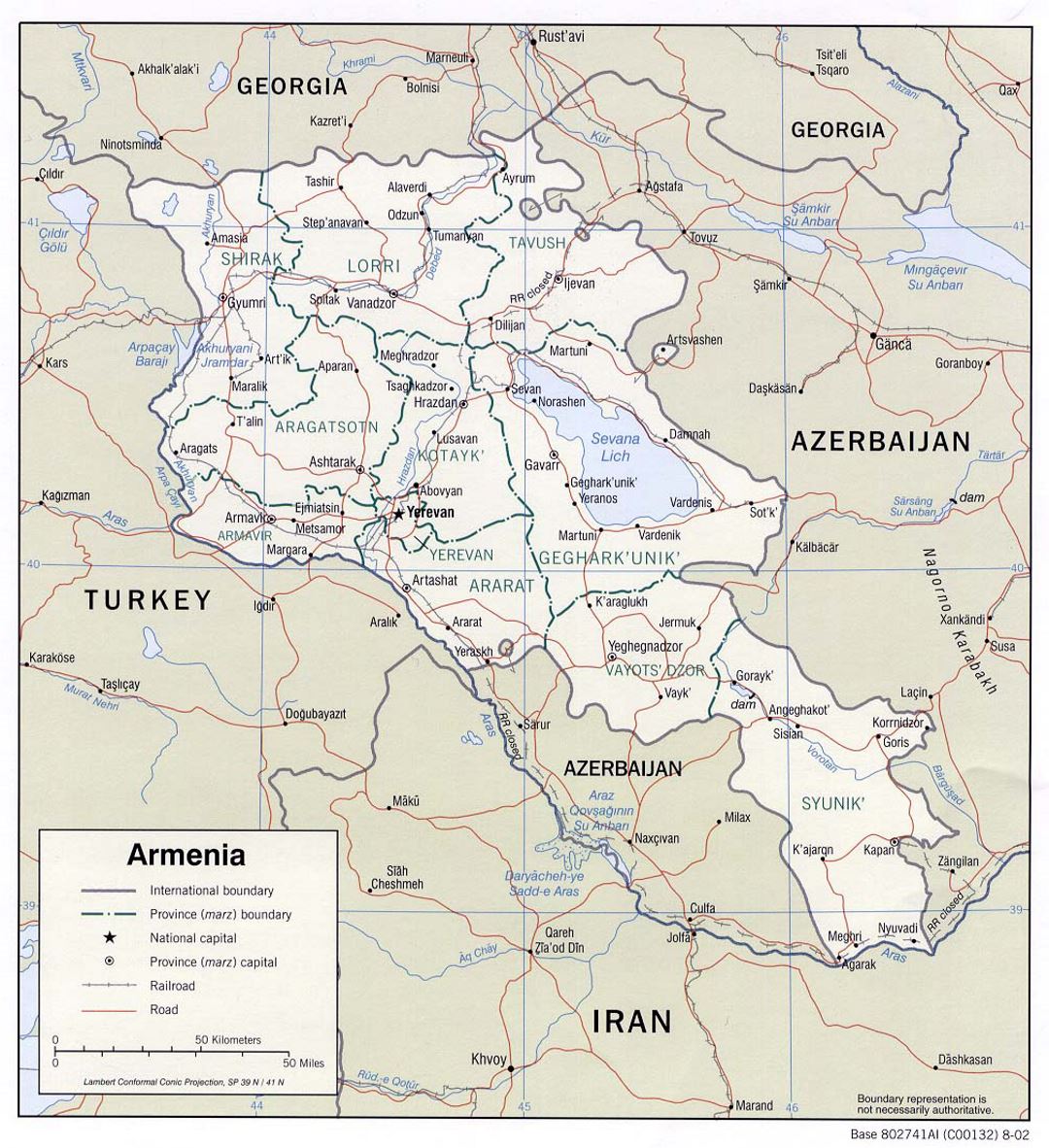 Детальная политическая и административная карта Армении с дорогами и городами - 2002