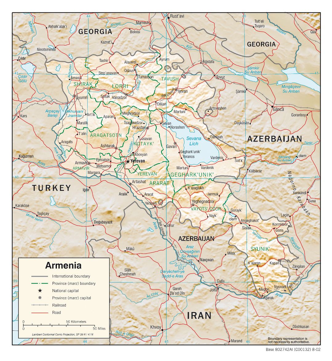 Большая детальная политическая и административная карта Армении с рельефом, дорогами и городами - 2002