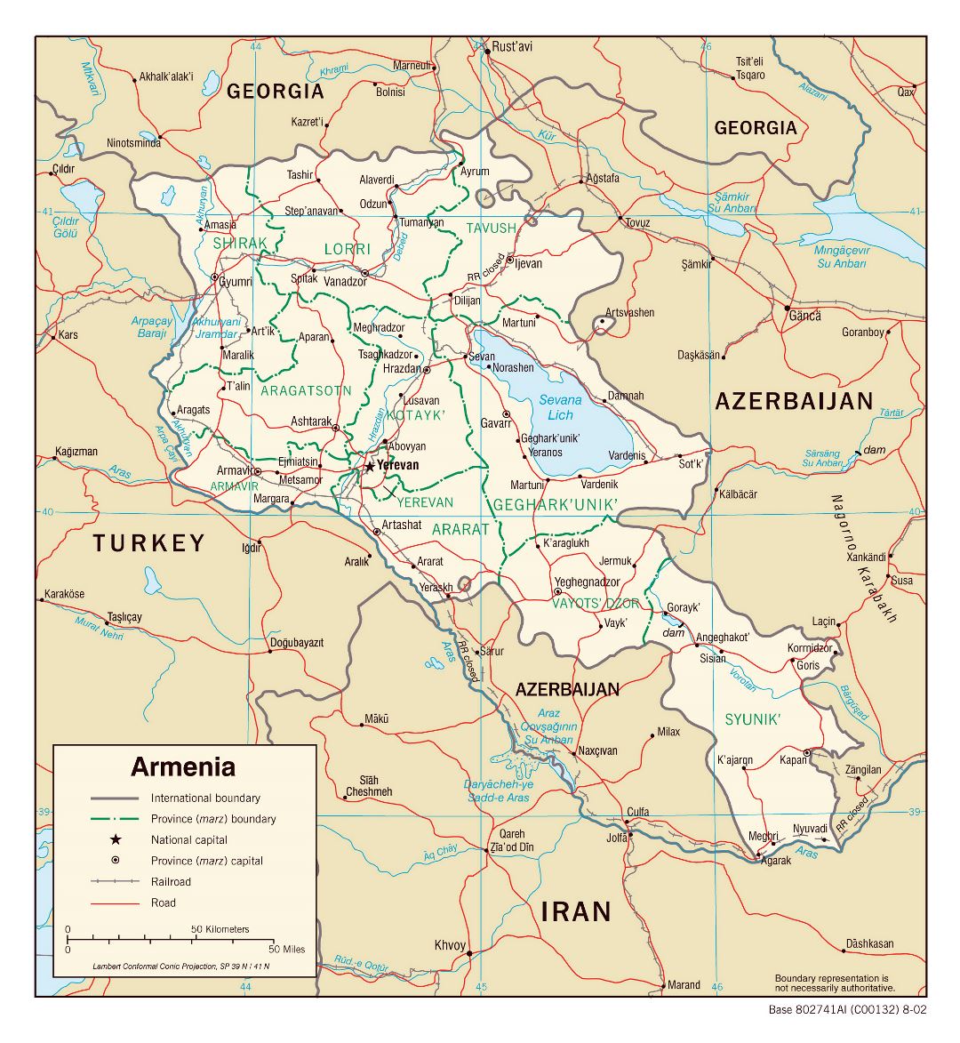 Большая детальная политическая и административная карта Армении с дорогами и городами - 2002
