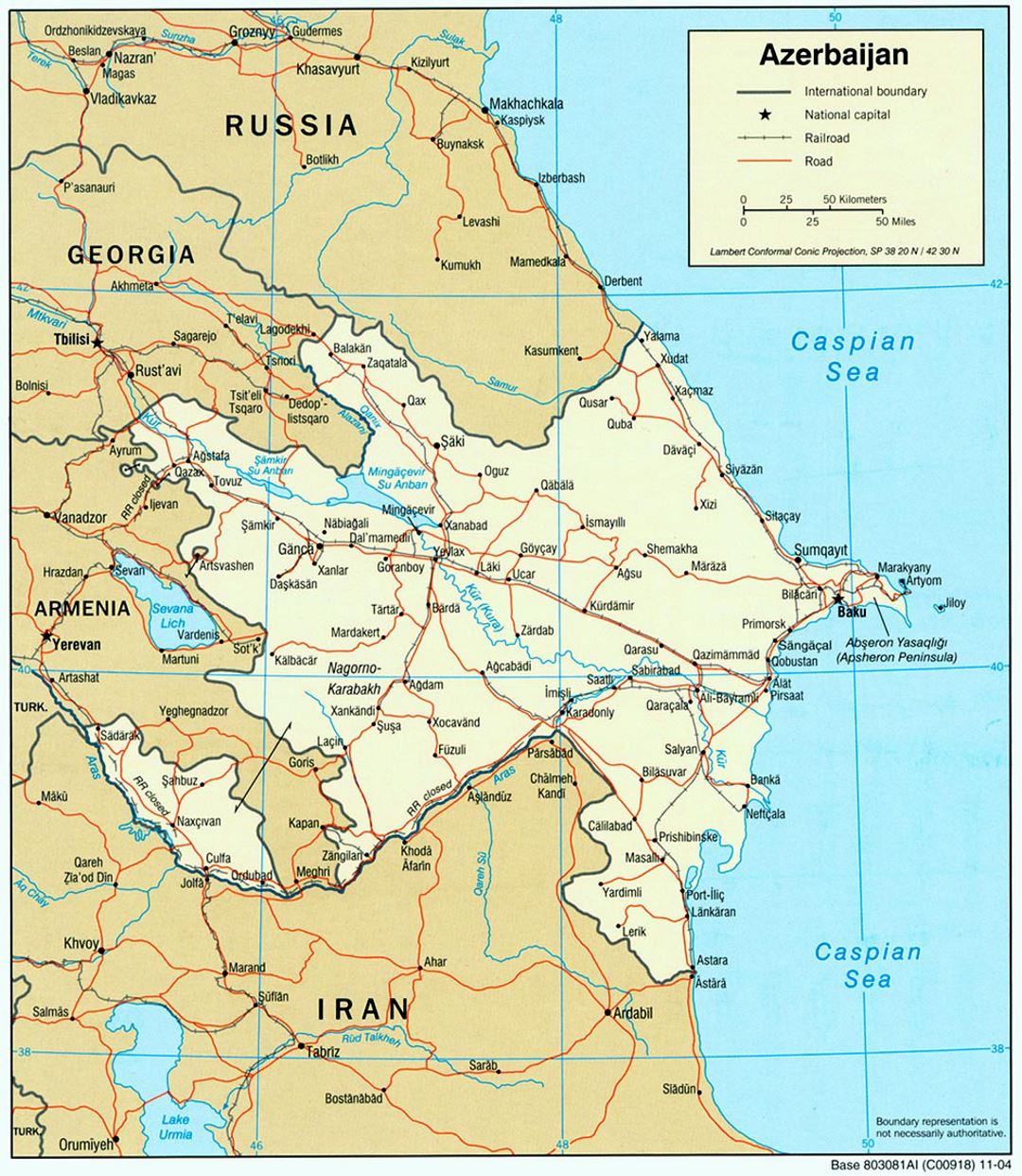 Детальная политическая карта Азербайджана с дорогами и крупными городами - 2004