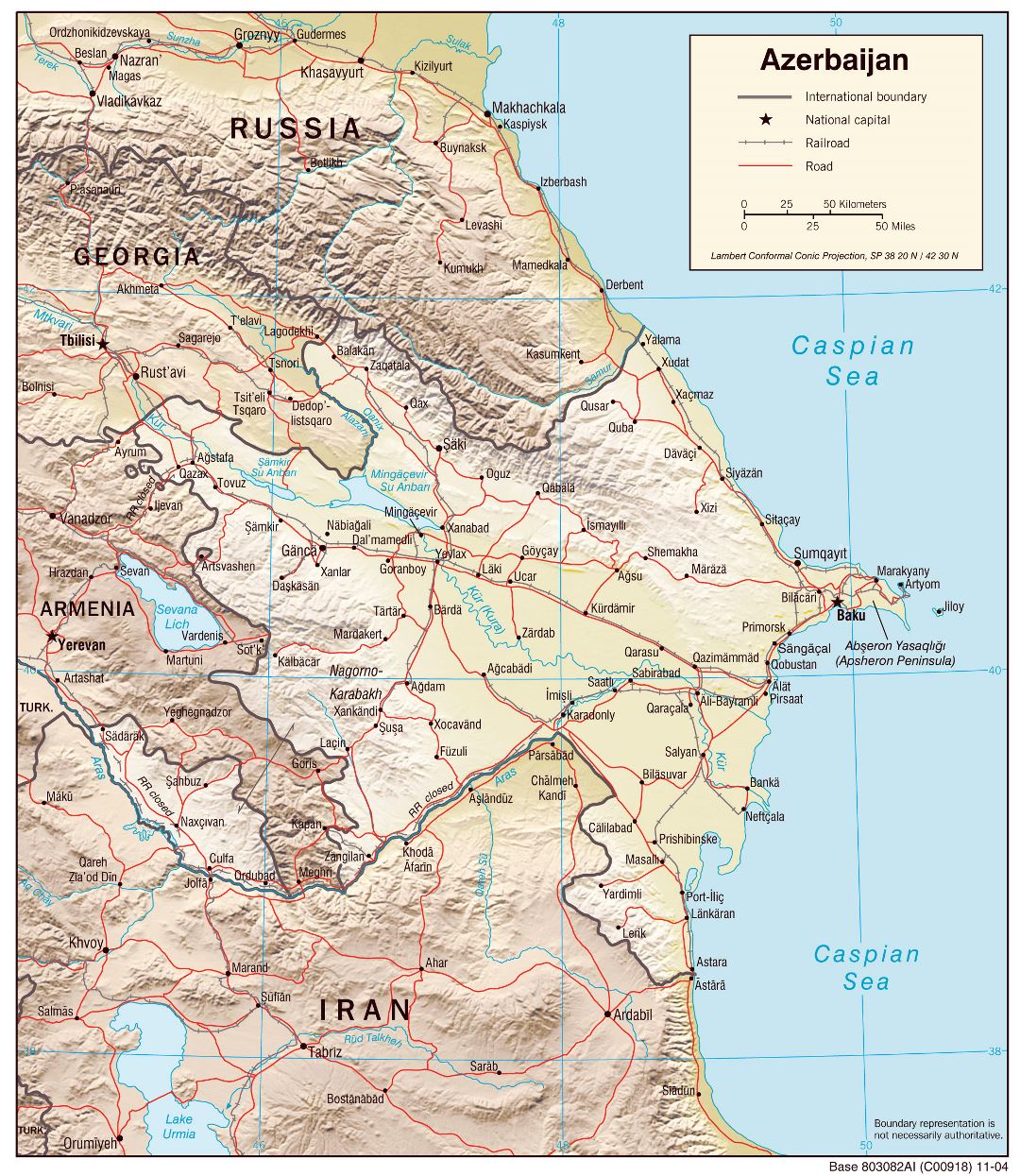 Большая детальная политическая карта Азербайджана с рельефом, дорогами и крупными городами - 2004