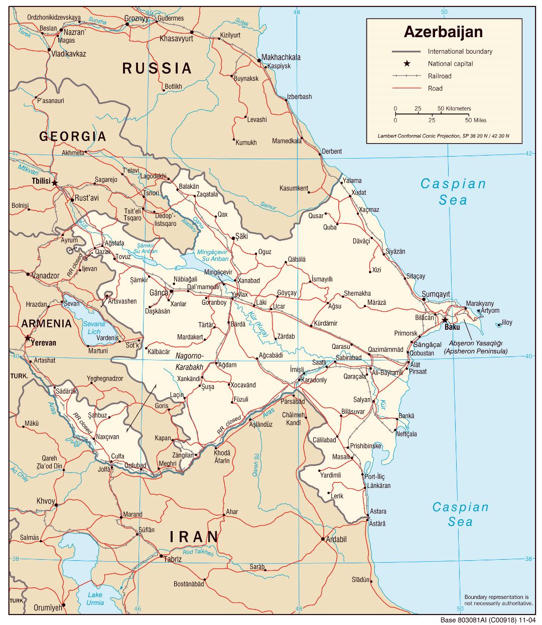 Большая детальная политическая карта Азербайджана с дорогами и крупными городами - 2004