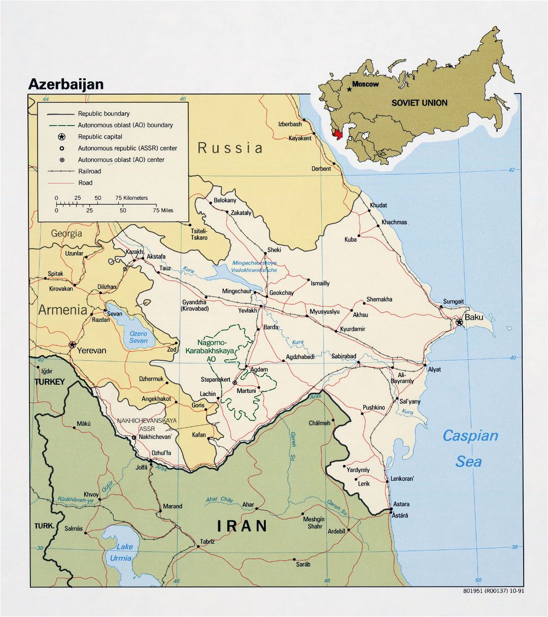 Большая детальная политическая карта Азербайджана с дорогами, железными дорогами и крупными городами - 1991