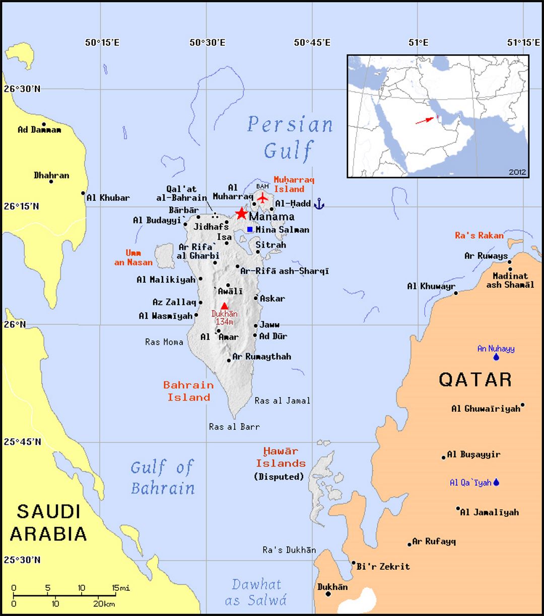 Детальная политическая карта Бахрейна с рельефом