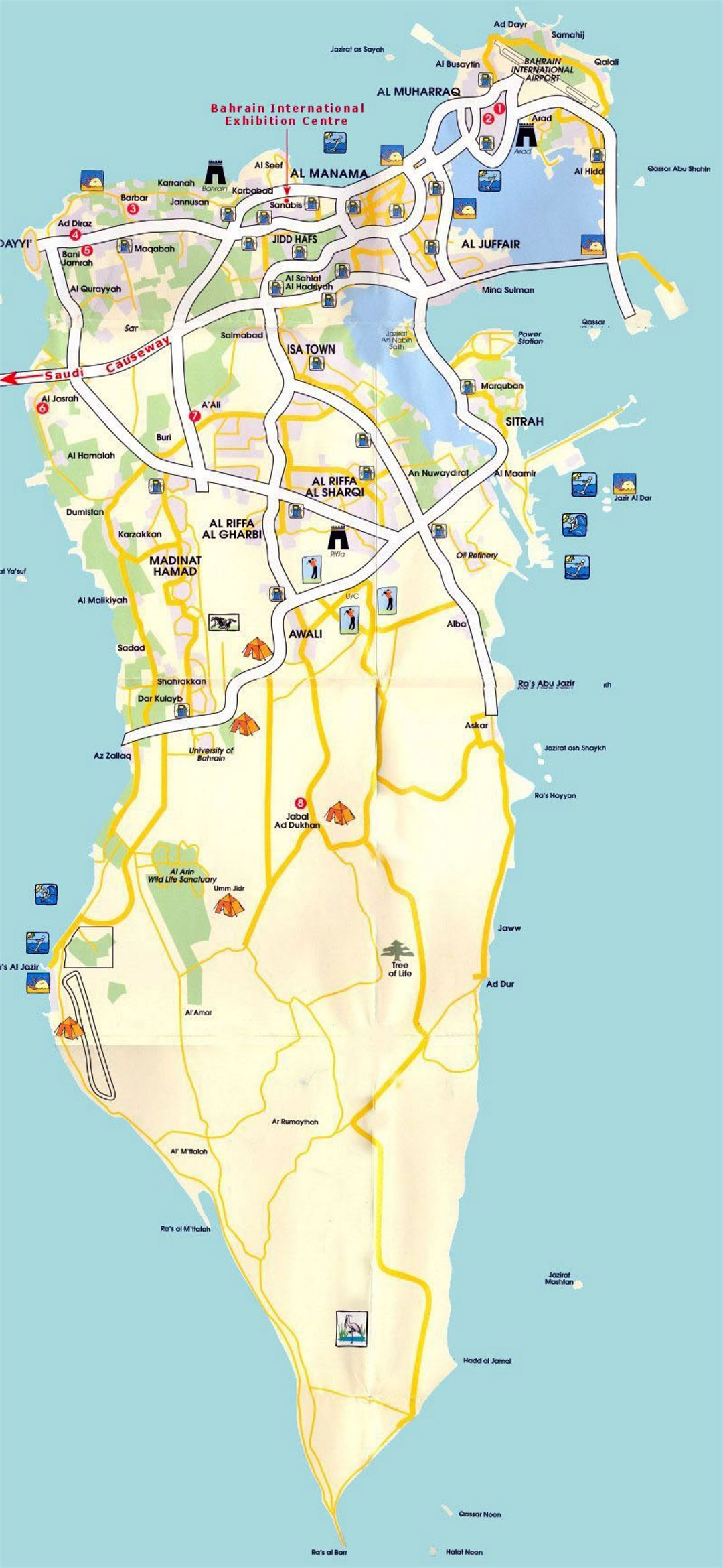 Детальная туристическая карта Бахрейна с дорогами
