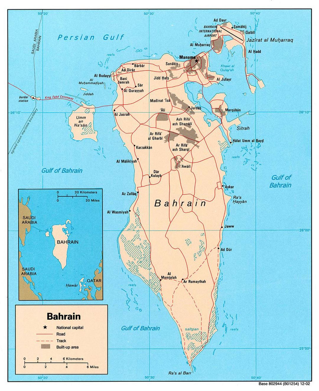 Большая детальная политическая карта Бахрейна с дорогами и городами - 2002