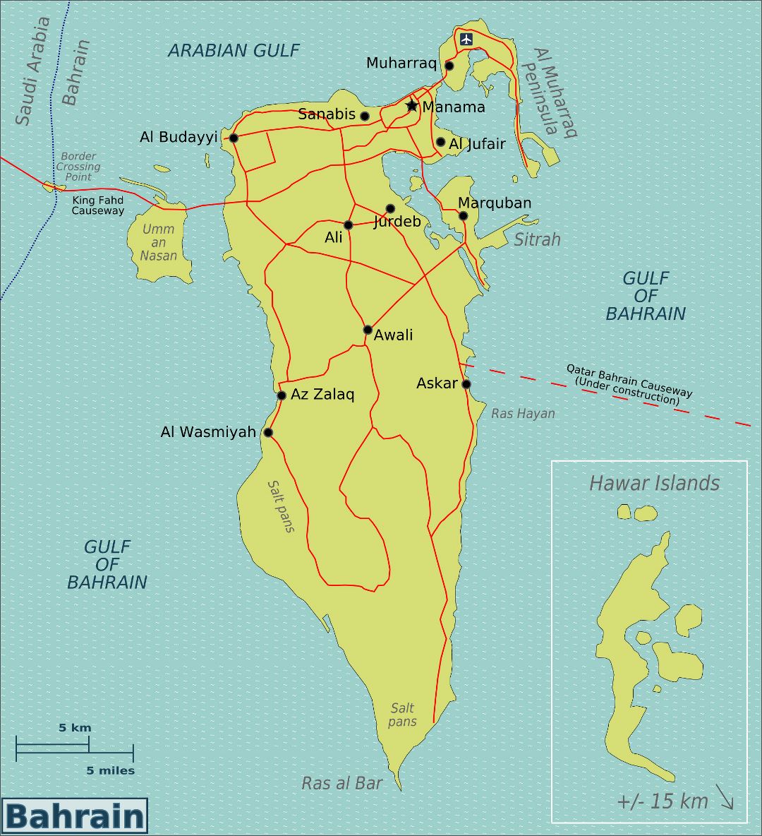 Большая карта Бахрейна с дорогами, городами и аэропортами
