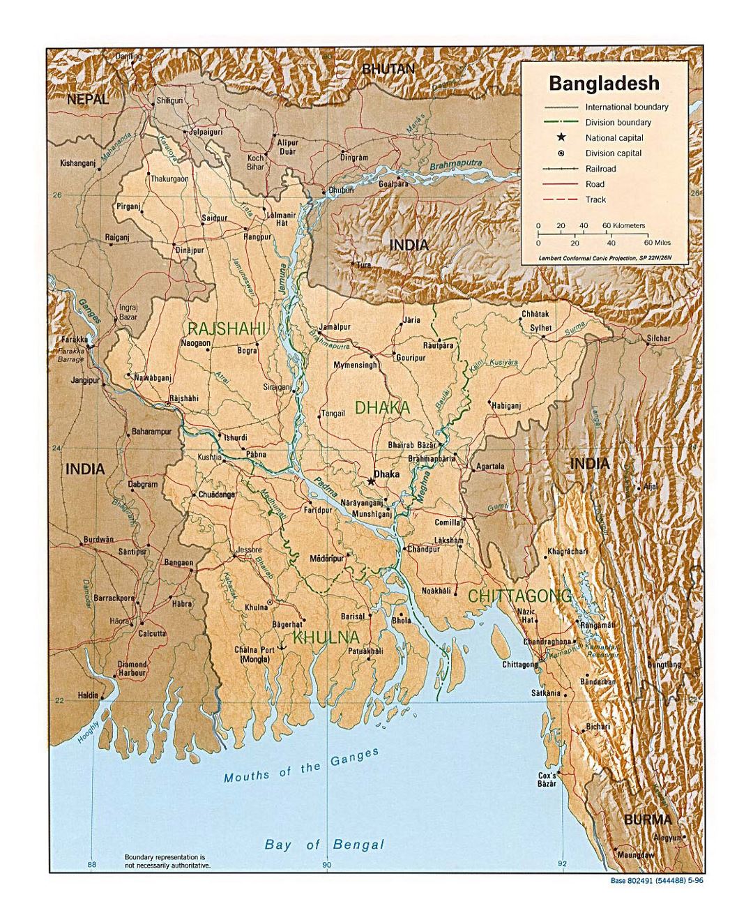 Детальная политическая и административная карта Бангладеш с рельефом, дорогами и крупными городами - 1996