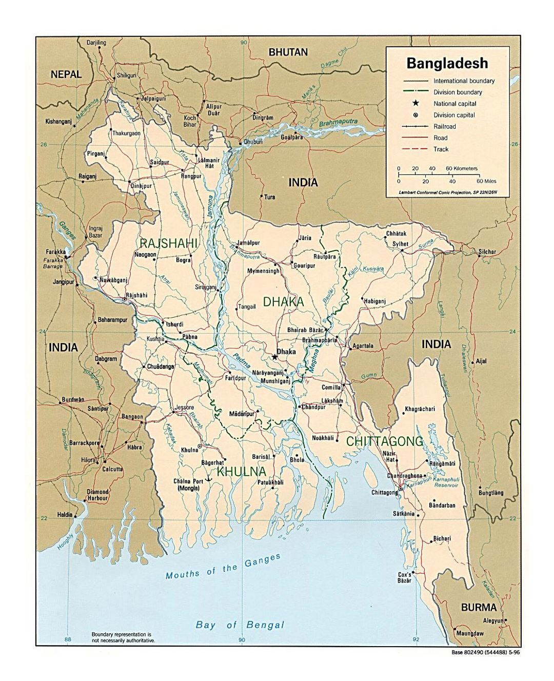 Детальная политическая и административная карта Бангладеш с дорогами и крупными городами - 1996