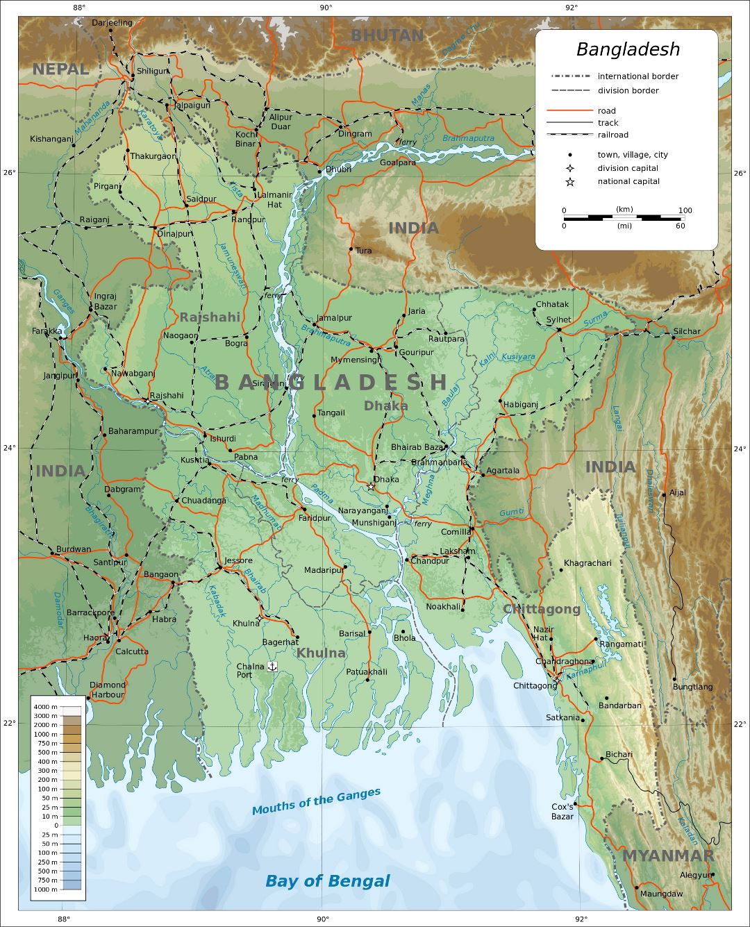 Большая детальная физическая карта Бангладеш
