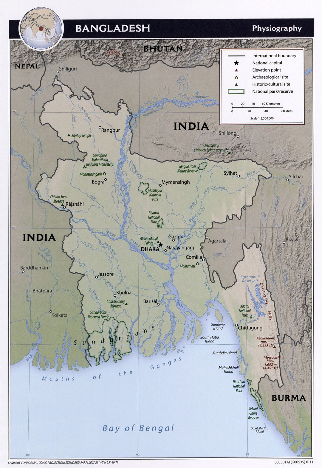 Большая детальная физиографическая карта Бангладеш - 2011