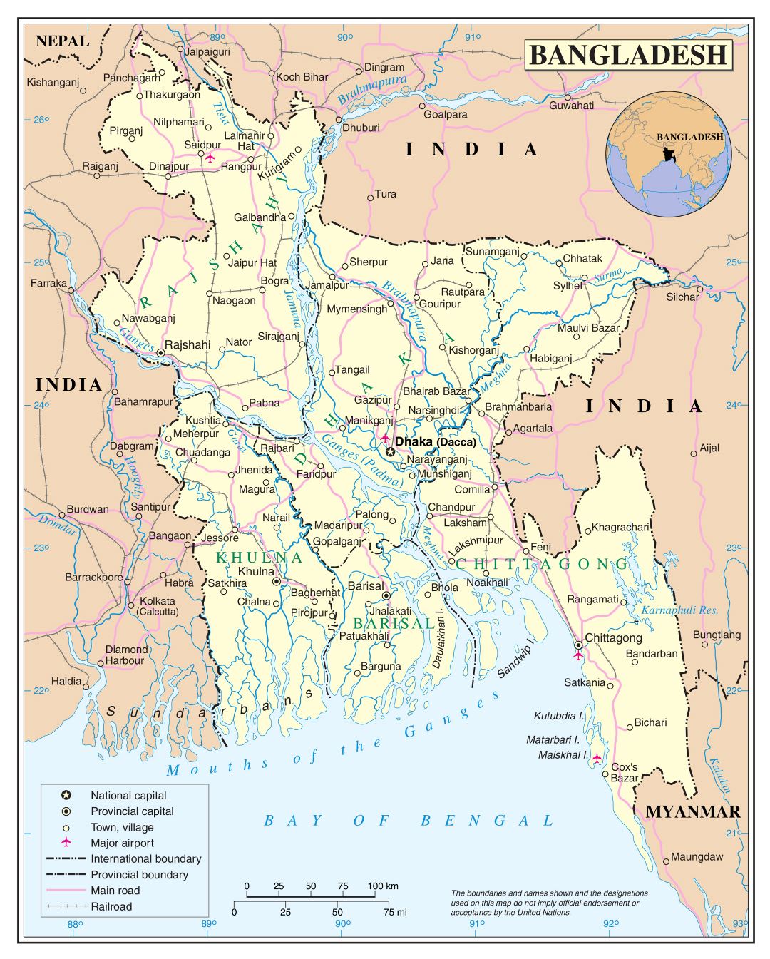 Большая детальная политическая и административная карта Бангладеш с дорогами, железными дорогами, городами и аэропортами