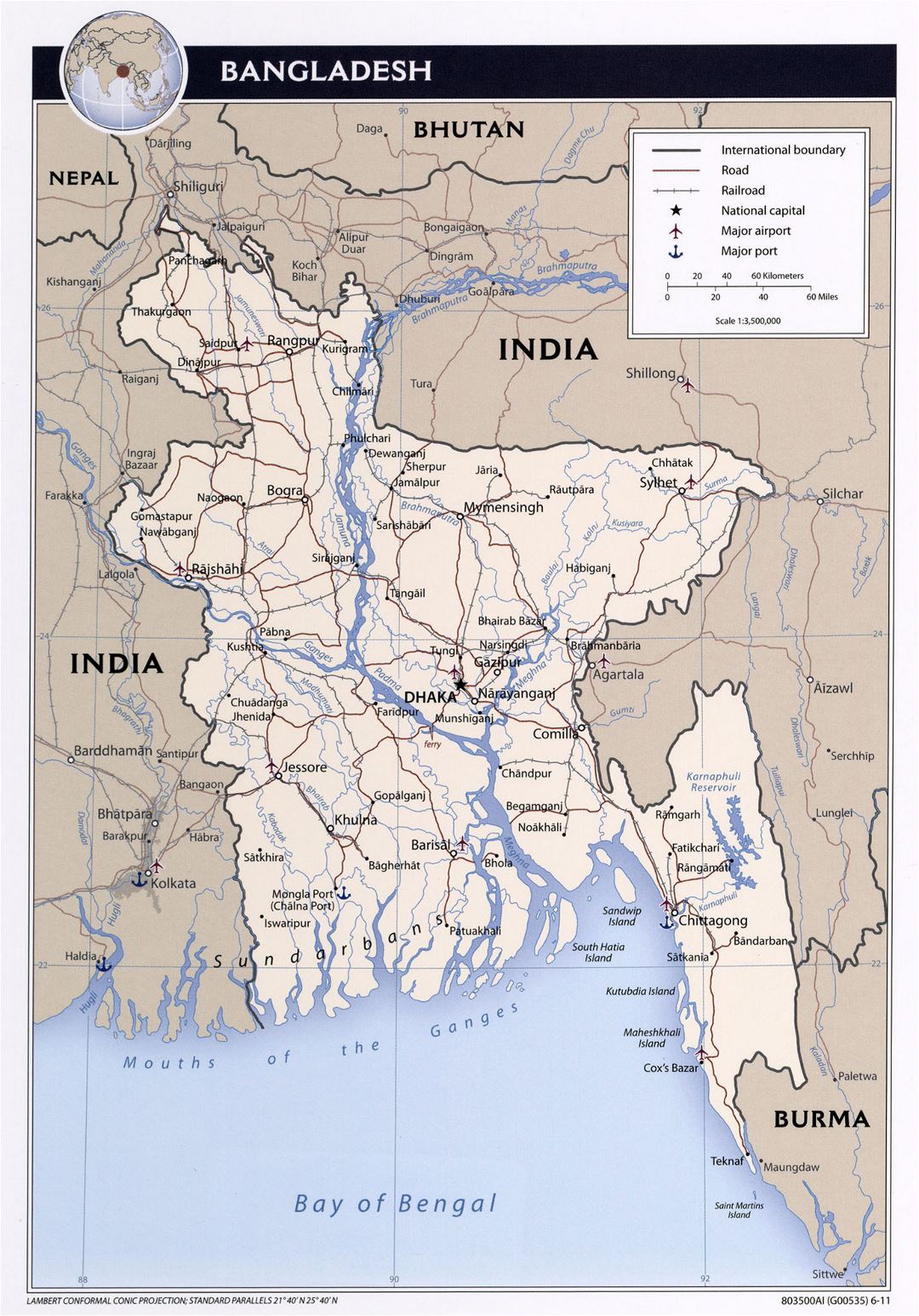 Большая детальная политическая карта Бангладеш с дорогами, железными дорогами, крупными городами и аэропортами - 2011