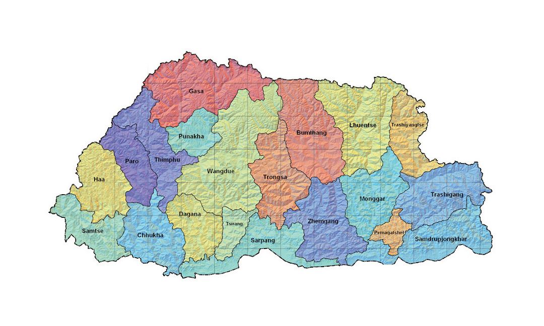 Детальная административная и рельефная карта Бутана