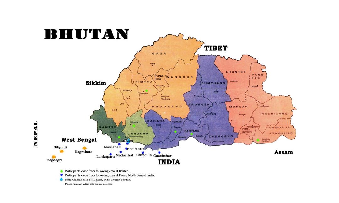 Детальная административная карта Бутана