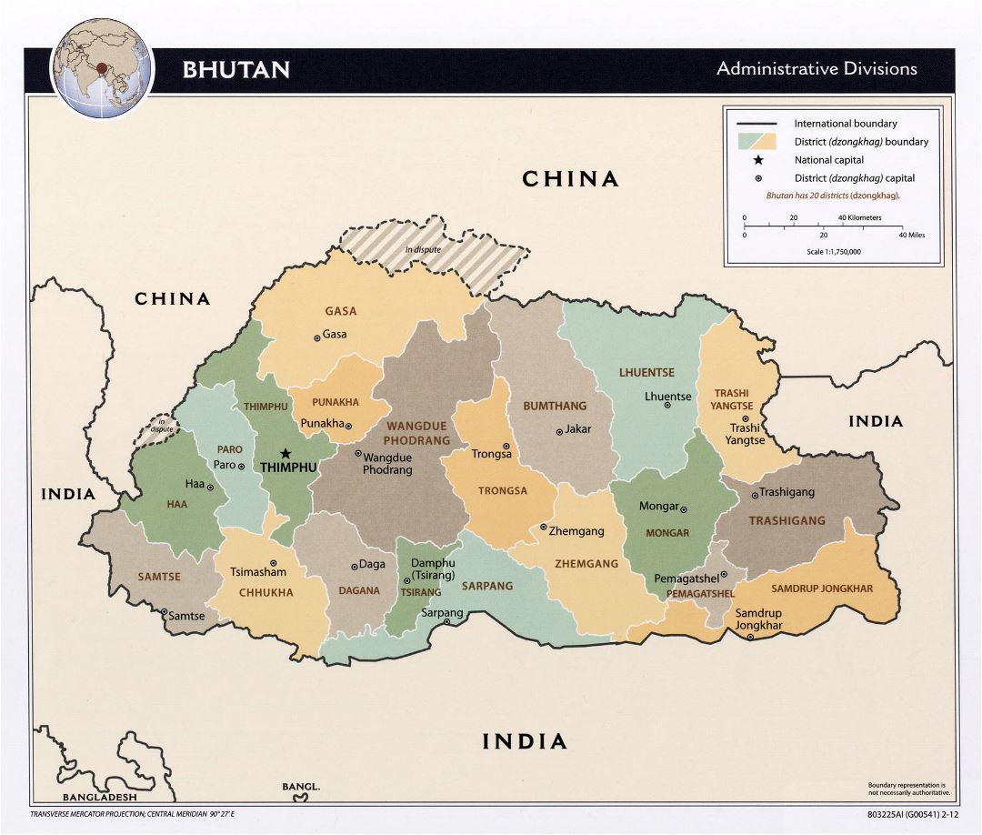 Большая карта административных делений Бутана - 2012