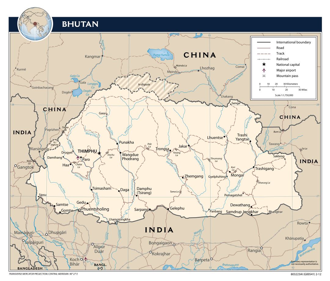 Большая детальная политическая карта Бутана с дорогами, железными дорогами, крупными городами и аэропортами - 2012