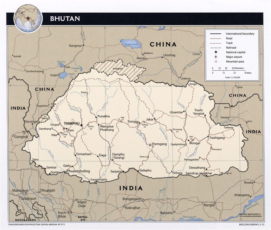 Большая политическая карта Бутана с дорогами, железными дорогами, крупными городами и аэропортами - 2012