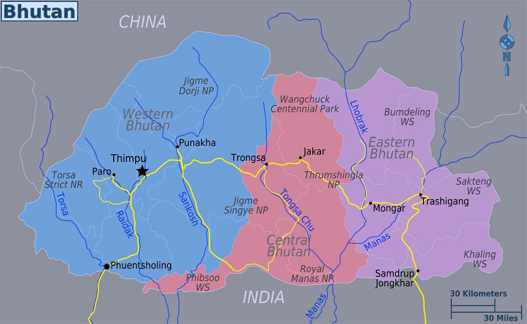 Большая карта регионов Бутана