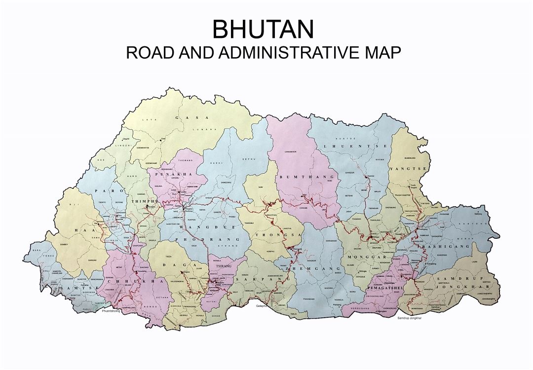 Большая дорожная и административная карта Бутана