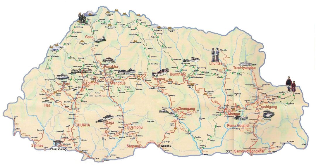 Большая туристическая карта Бутана