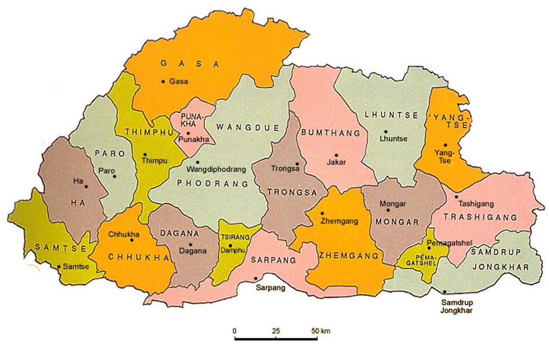 Малая цветная административная карта Бутана