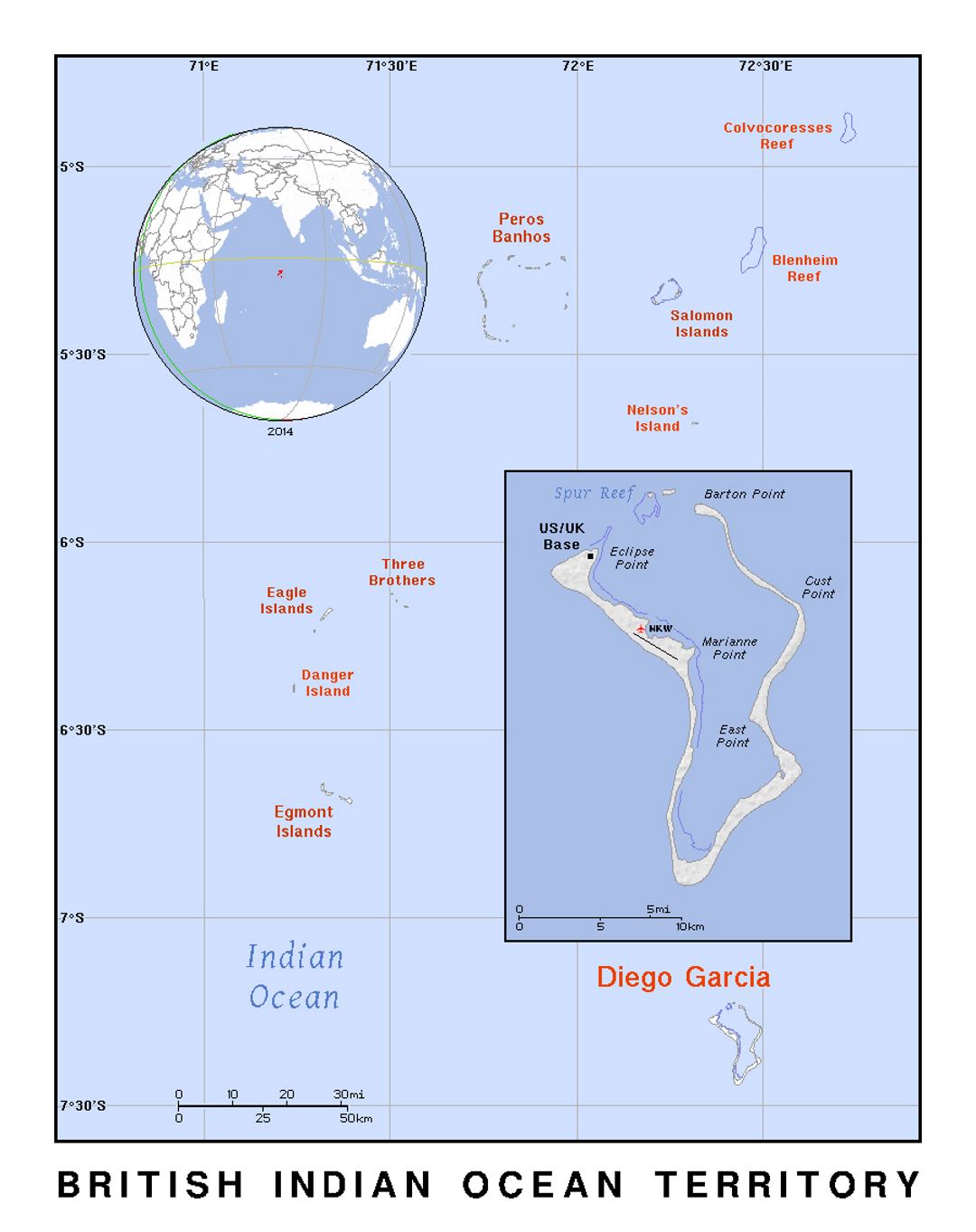Детальная политическая карта Британской территории в Индийском океане