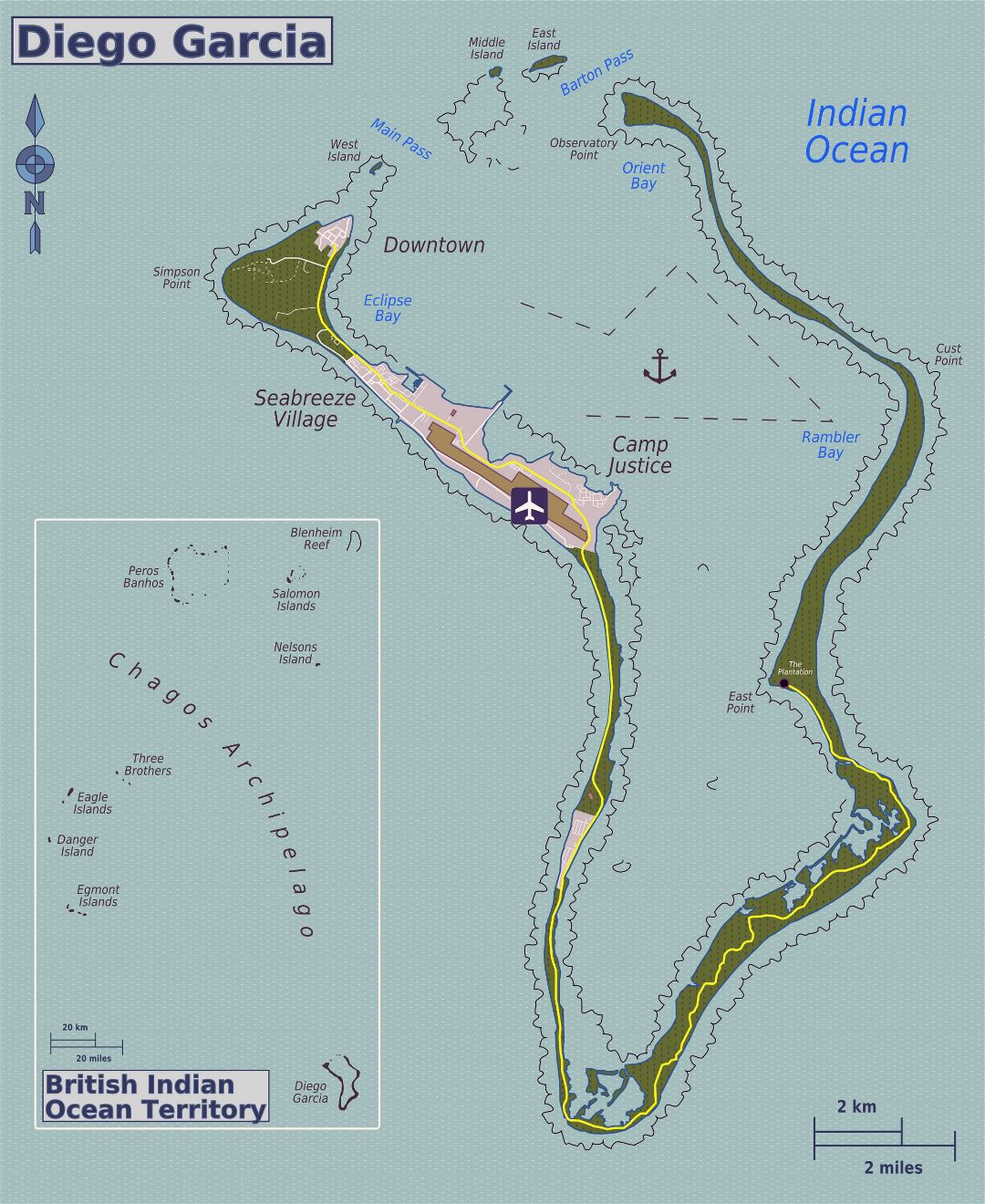 Большая детальная карта острова Диего Гарсия (Британская территория в Индийском океане)