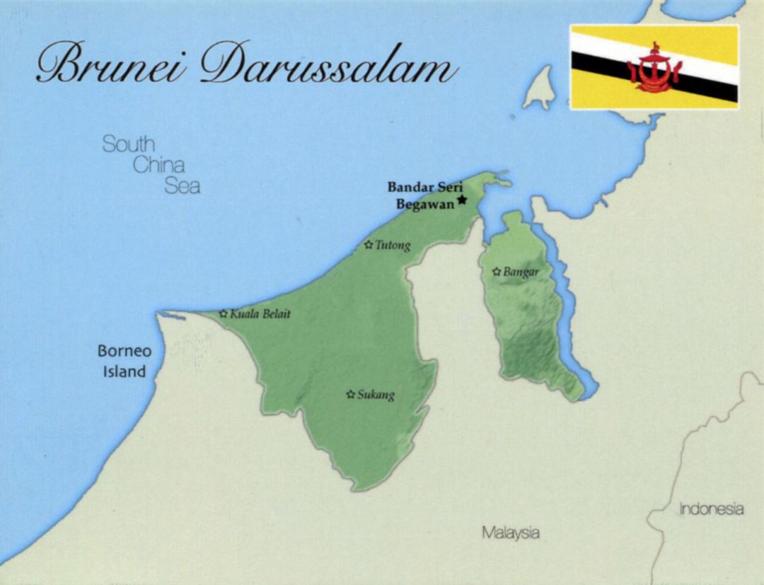 Детальная карта Брунея-Даруссалама с флагом и крупными городами