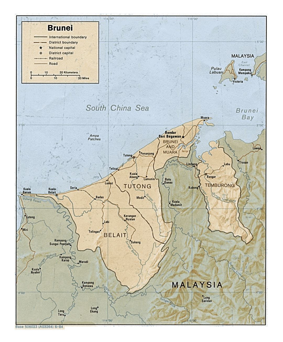 Детальная политическая и административная карта Брунея с рельефом - 1984