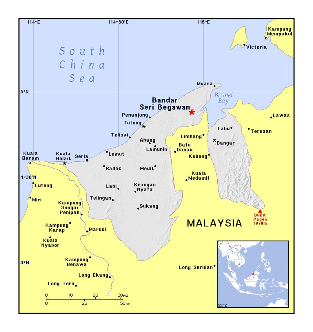 Детальная политическая карта Брунея с рельефом
