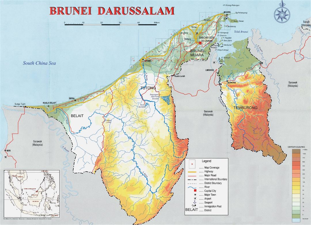 Большая физическая карта Брунея