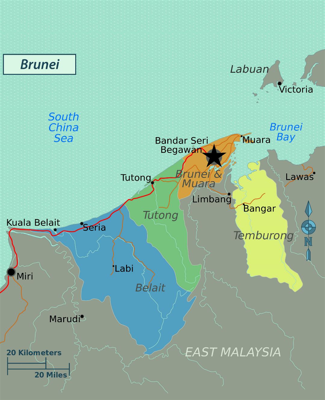 Большая карта регионов Брунея