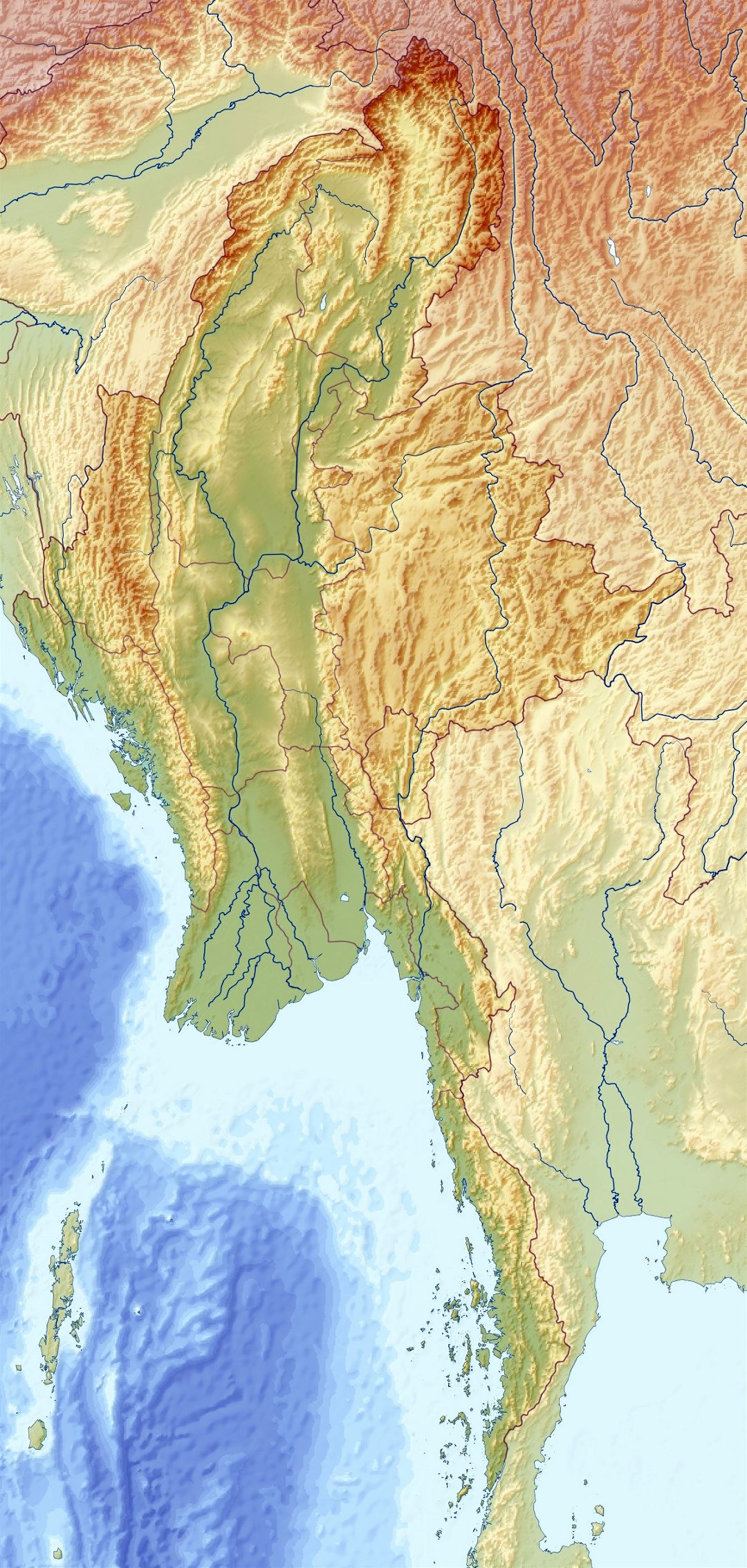Большая карта рельефа Мьянмы (Бирмы)