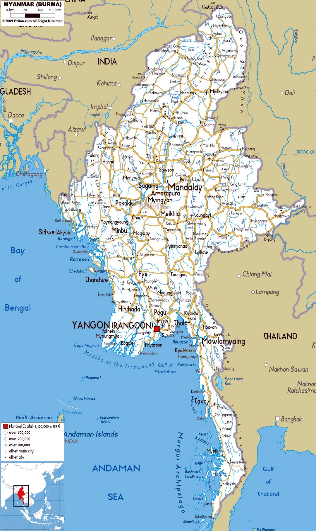 Большая карта дорог Мьянмы с городами и аэропортами