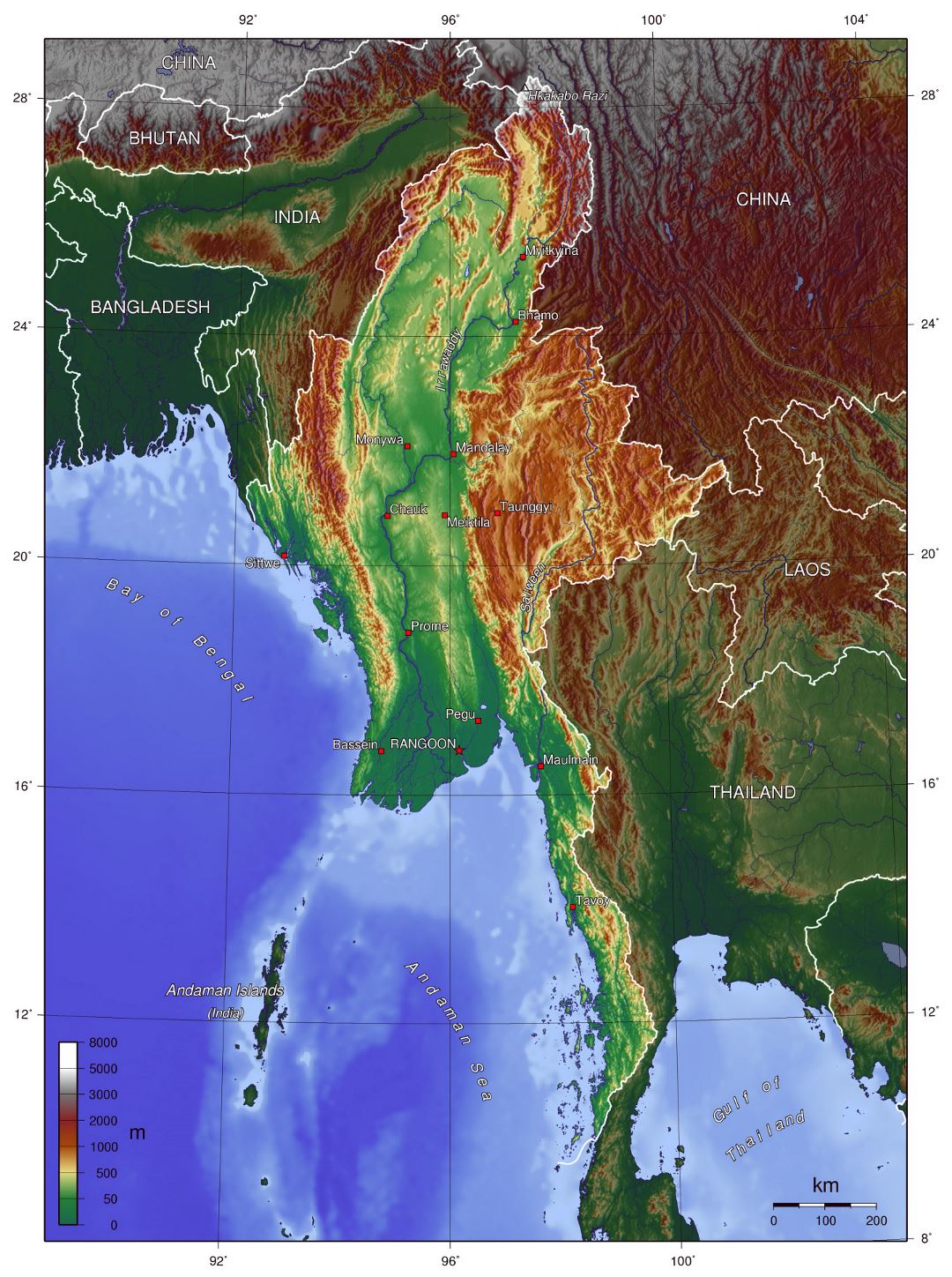 Большая топографическая карта Бирмы