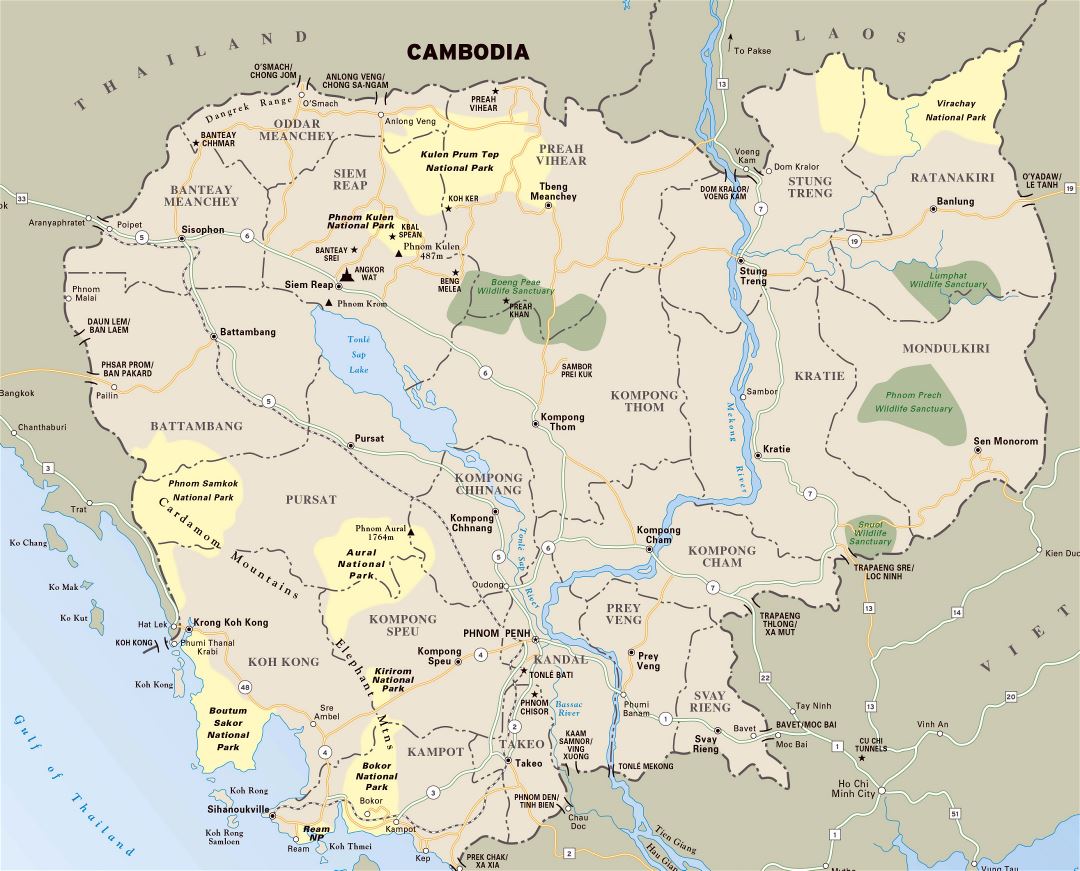Большая детальная карта национальных парков Камбоджи с автомагистралями и крупными городами