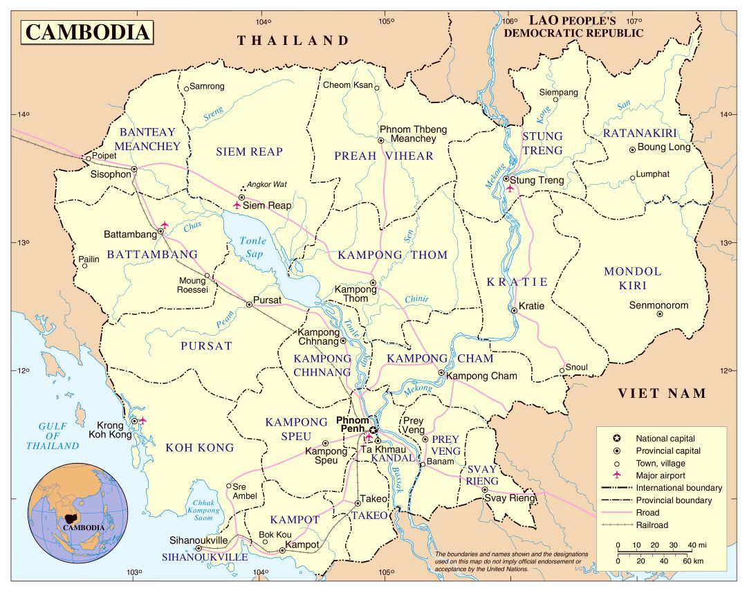 Большая детальная политическая и административная карта Камбоджи с дорогами, железными дорогами, крупными городами и аэропортами