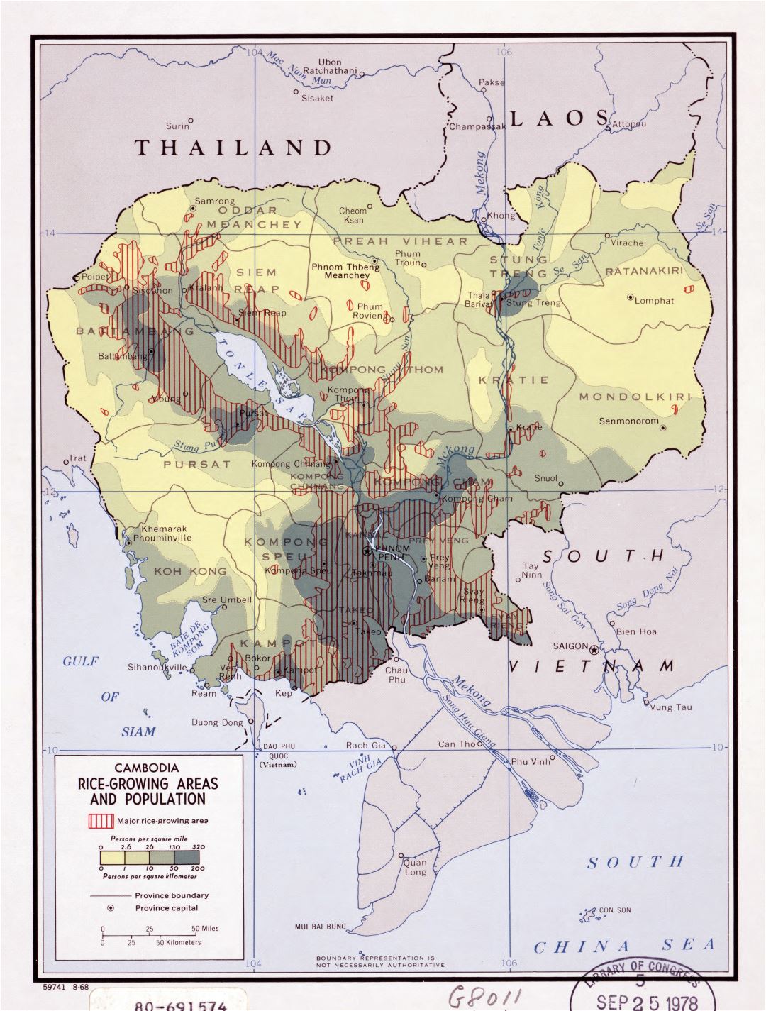 Большая детальная карта районов выращивания риса и карта населения Камбоджи - 1968
