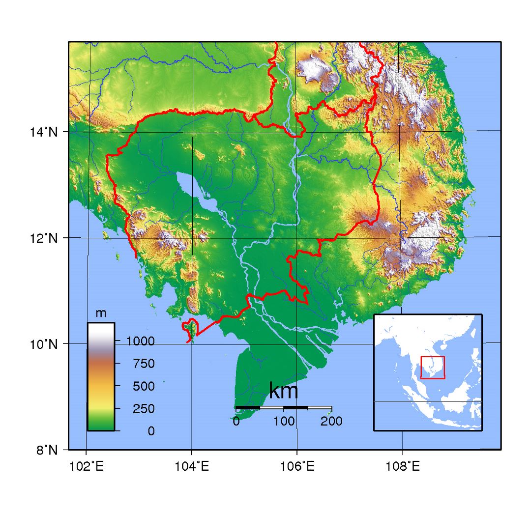 Большая топографическая карта Камбоджи