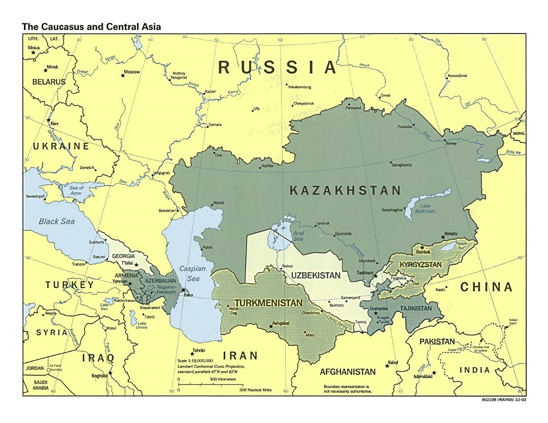 Подробная политическая карта Кавказа и Центральной Азии со столицами и крупными городами - 1993