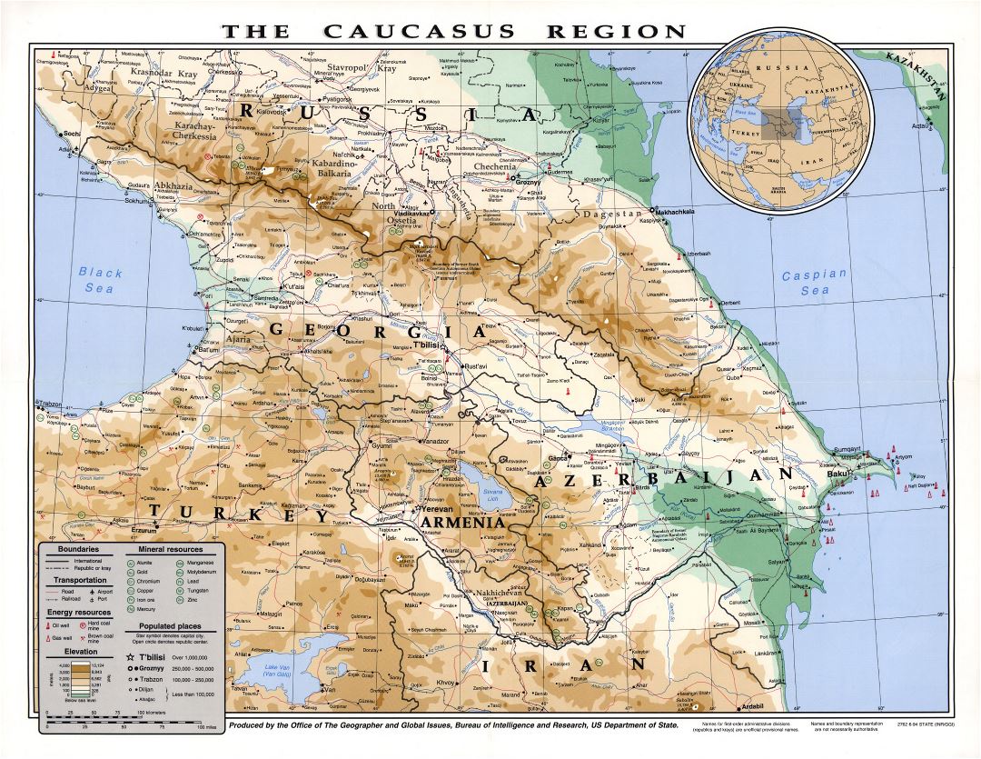 Большая подробная карта высот Кавказского региона с разнообразными отметками - 1994