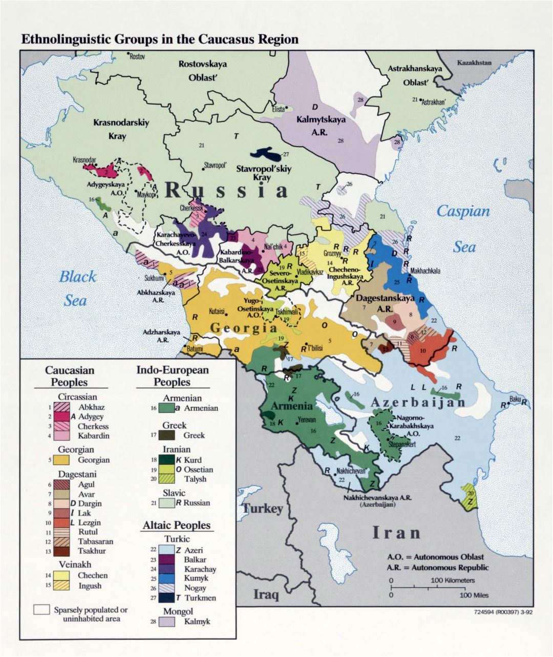 Большая подробная карта этнолингвистических групп Кавказского региона - 1992