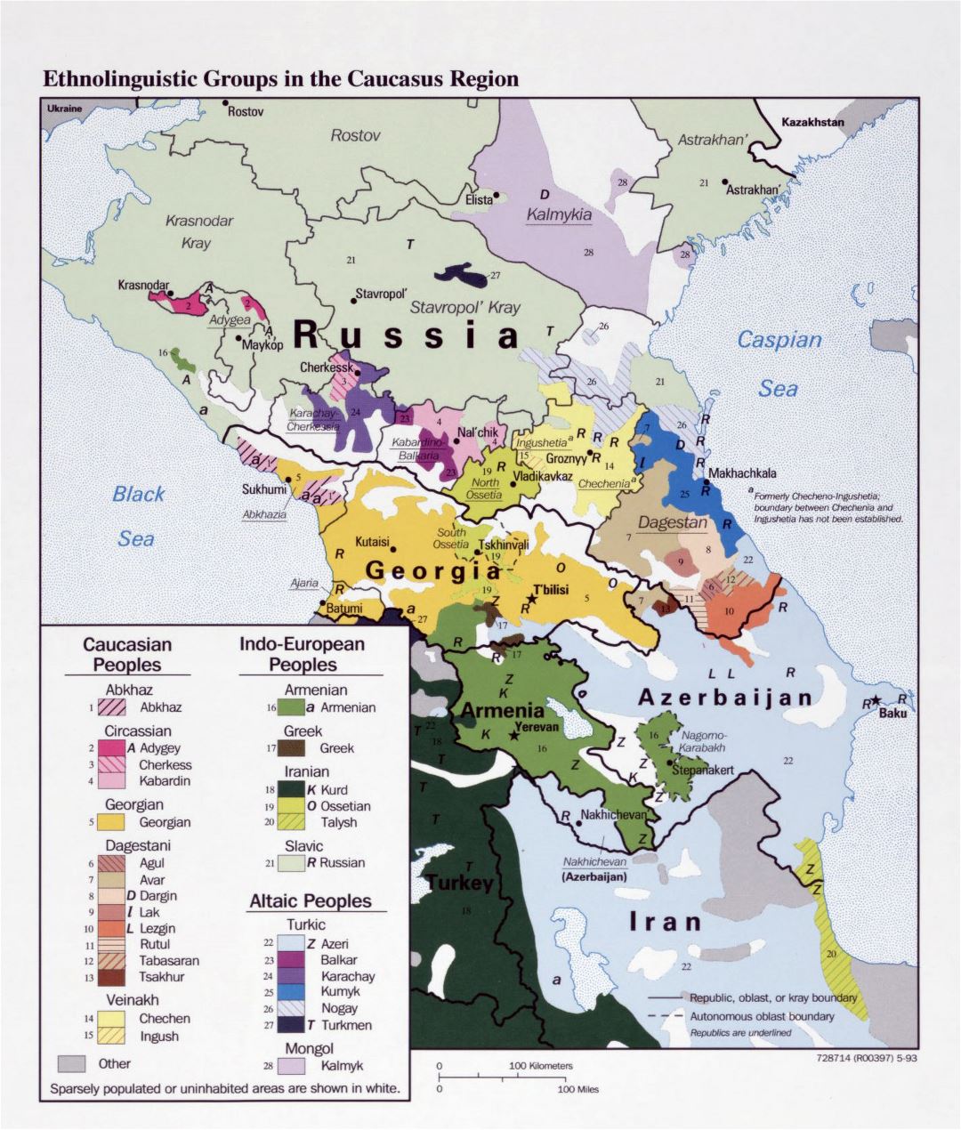 Большая детальная карта этнолингвистических групп Кавказского региона - 1993
