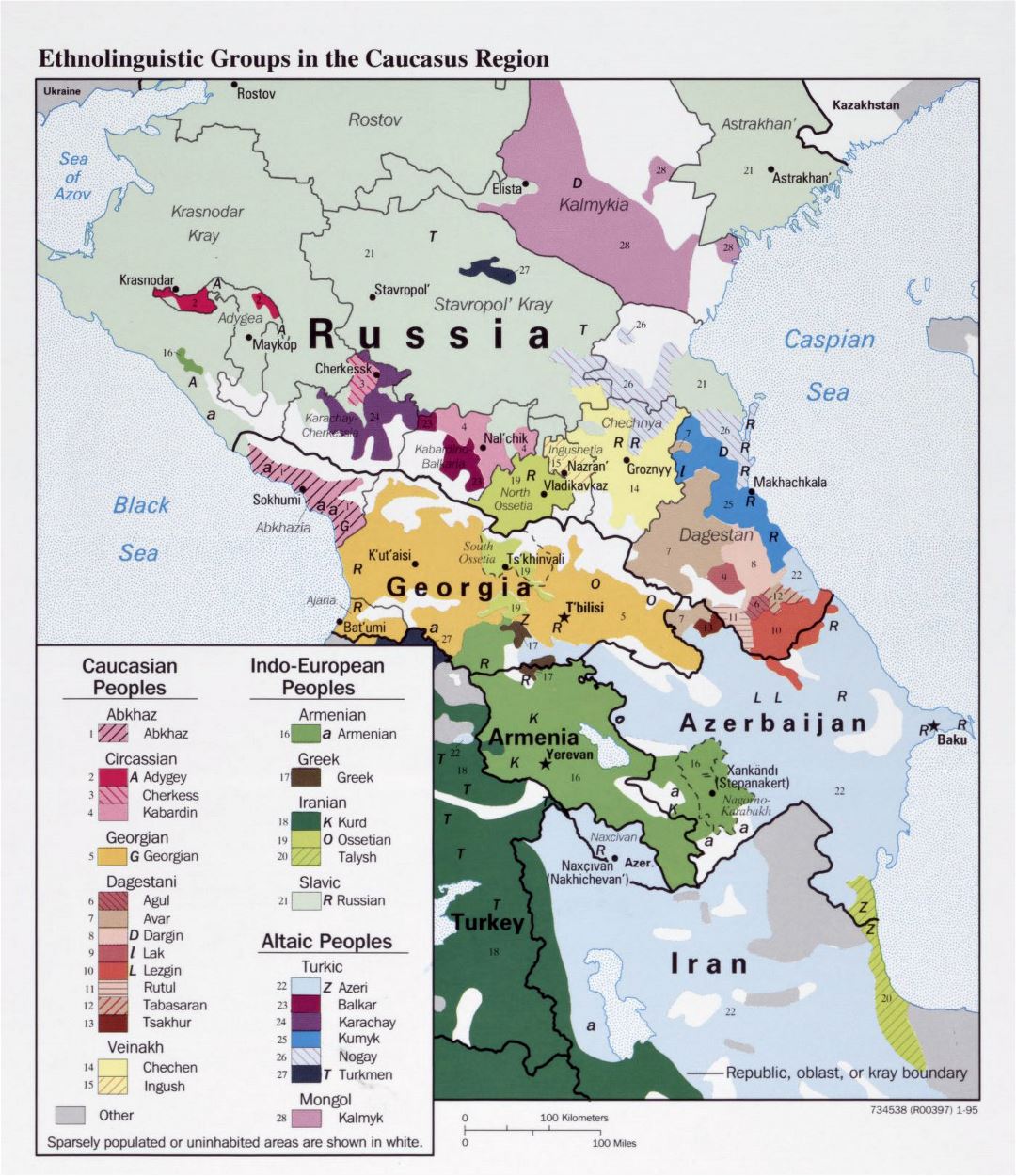 Большая детальная карта этнолингвистических групп Кавказского региона - 1995