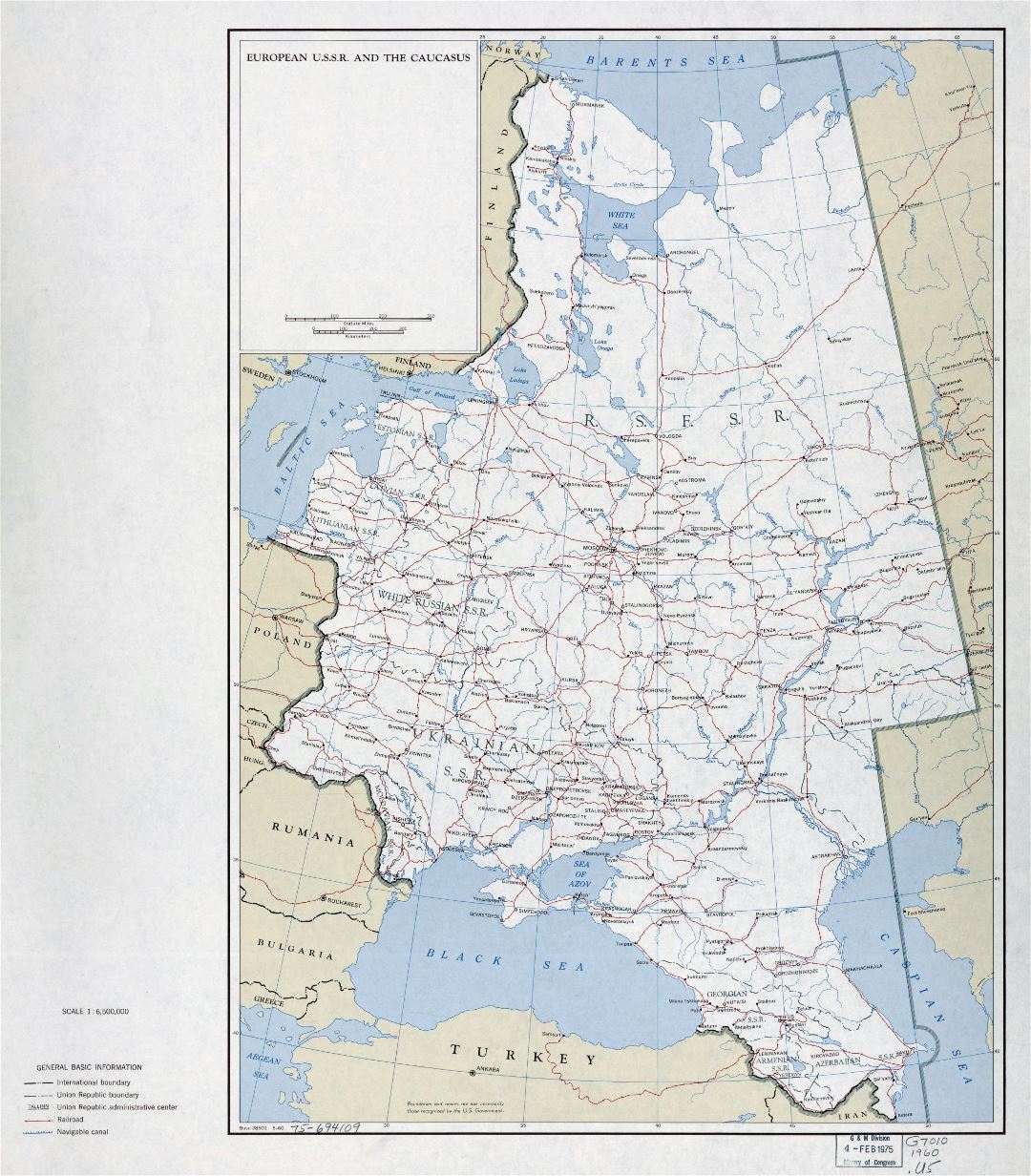 Большая подробная политическая и административная карта европейской части СССР и Кавказа с автодорогами, железными дорогами и городами - 1960