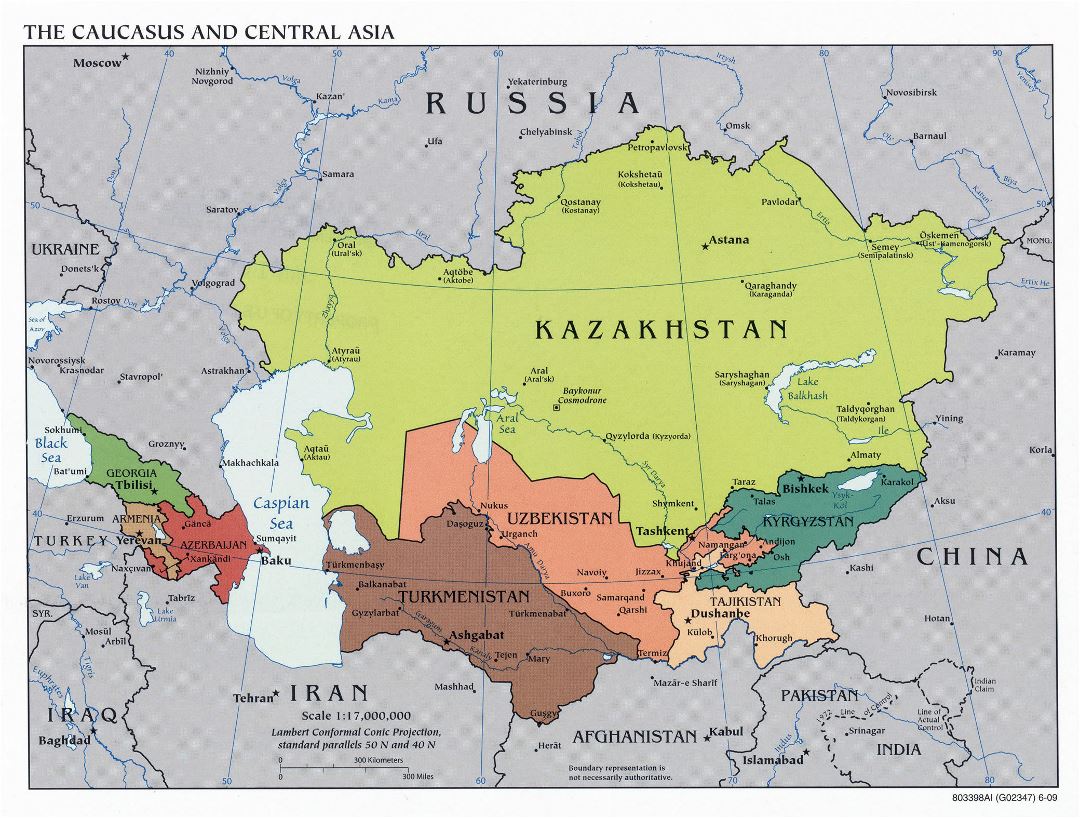 Большая политическая карта Кавказа и Центральной Азии - 2009