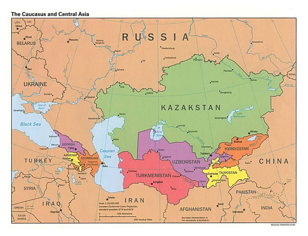 Большая политическая карта Кавказского региона и Центральной Азии со столицами - 1995