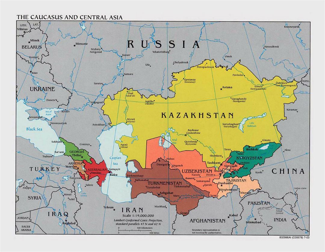 Большая политическая карта Кавказа и Центральной Азии 2003 года со столицами