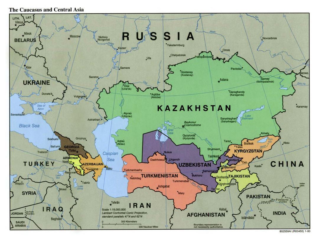 Большая политическая карта Кавказского региона и Центральной Азии со столицами и крупными городами - 2000